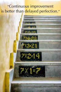 Photo of stairs advancing upward with multiplication equation of 7 times 1 and ascending with each step to the next number in the seven series.